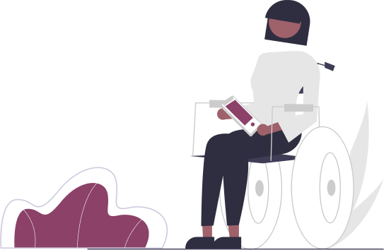 Illustration of a person in a wheelchair holding a phone, symbolising Unity's mobility services.
